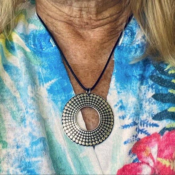 Silver Circular Pendant on Black Cord Necklace 10" with Lobster Claw Closure - Picture 3 of 4